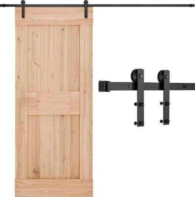 A wooden sliding door and its hardware are displayed against a white background.