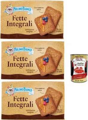 Produktbild von Mulino Bianco Fette biscottate Le Integrali 3x 630g Vollkorn Zwieback Kekse, Frühstückskekse, Zwieback kekse gebackenem Brot + Italian Gourmet polpa 400g