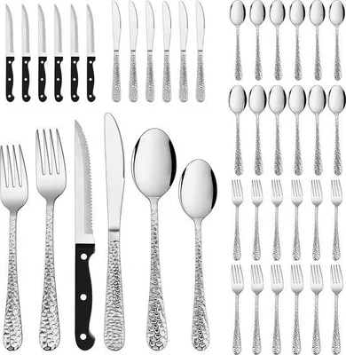 Produktbild von Unyqoos® 36-teiliges Besteckset für 6 Personen – Edelstahl rostfrei, inkl. 6 Steakmesser, 6 Messer, 6 Gabeln, 6 Löffel, Hammergriff, spülmaschinenfest