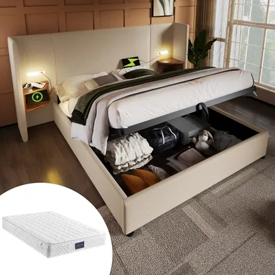 Produktbild von MODFU Polsterbett Hydraulisches Stauraumbett Doppelbett 160×200 mit Nachttisch, Leselampe und USB Type-C Ladefunktion, Bettanlage Stauraumbett Bettgestell mit Lattenrost aus Massivholz und Metall, Beige, Leinen(Mit Matratze)