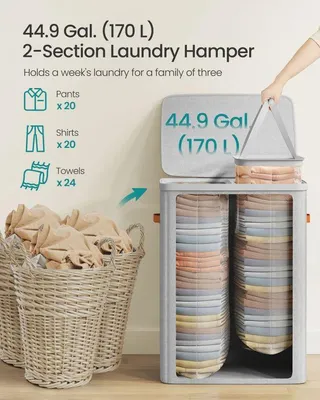 Immagine prodotto di Cesto per il bucato, 44, 9 Gal. Cesto per il bucato, 2 scomparti, facile da montare, con coperchio e maniglie, sacchi interni rimovibili, 22 X 15, 7
