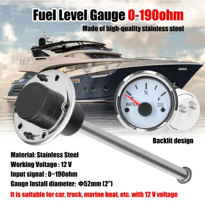 Image de Jauge de niveau de carburant de 52 mm, capteur de niveau de carburant en acier inoxydable de 215 mm, jauge de niveau d'eau 0-190 ohms avec rétroéclairage pour voiture, camion, bateau et embarcation, 12 V