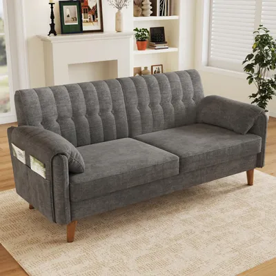 Produktbild von MODFU 2-Sitzer Sofa, Polstersofa mit Chenille-Bezug, Relaxsofa mit getufteter Rückenlehne und Seitentaschen, Loungesofa mit Massivholzbeinen, Hellgrau ,161,5×79×83,5 cm