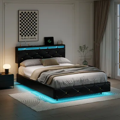 Zdjęcie produktu dla Łóżko tapicerowane ProximaX 160x200 cm z LED i USB | łóżko podwójne z hydrauliczną podstawą łóżka, stelażem listwowym i schowkiem, konstrukcja pływająca