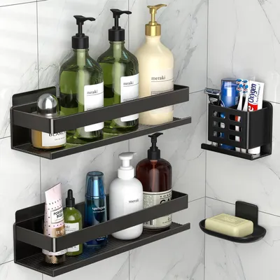Productafbeelding van Doucheplank, 4-delig set, zwart, aluminium, zonder boren, 40 cm