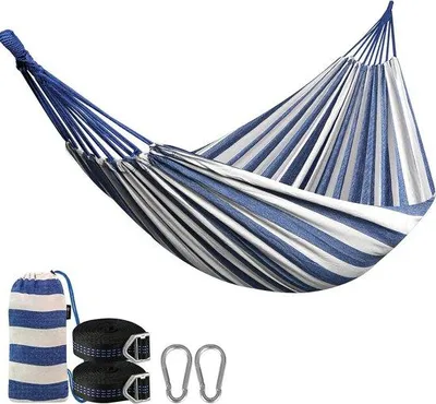 Produktbild von Unyqoos® Baumwoll-Hängematte groß für Outdoor & Camping, tragbar mit en verstellbaren Gurten, 2 Karabinern & Tragetasche, empfohlen bis 200 kg (statisch 300 kg