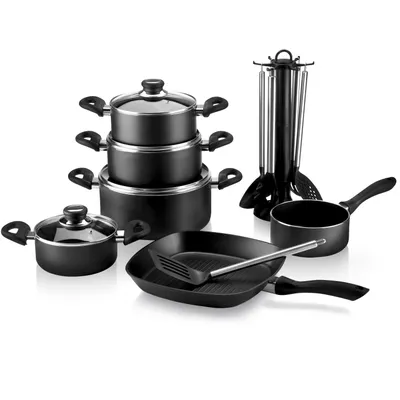 Produktbild von Karl Krüger 17/S Aluguss-Set 17-teilig - antihaft-versiegeltes Topf- und Pfannenset mit Küchenhelfer - schwarz