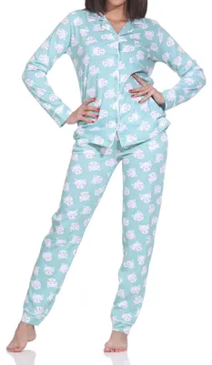 Produktbild von Normann Damen Jersey Pyjama langarm zum durchknöpfen mit Katzenmotiven - auch in Übergröße ; türkis , 36