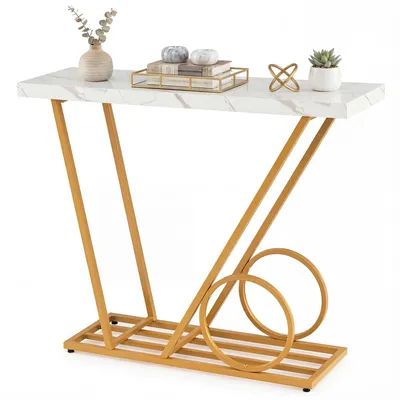 Produktbild von COSTWAY Konsolentisch, Flurtisch mit Marmor-Optik & geometrischen Beinen, schmaler Tisch mit Ablagen, Einlagetisch für Wohnzimmer, Flur, Weiß & Gold