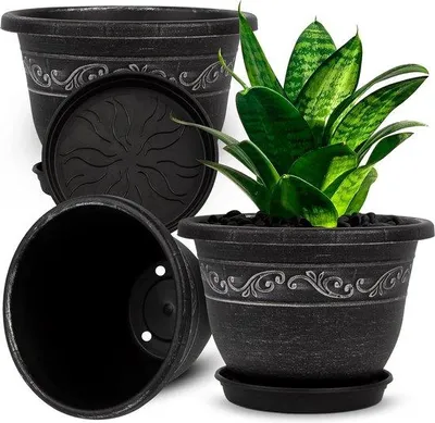 Image de Pots en plastique, lot de 3 pots de 20 cm avec fentes de drainage, pots de fleurs rétro pour plantes d'intérieur, décoratifs pour les ensembles de jardinières d'extérieur (argent - 20 cm)