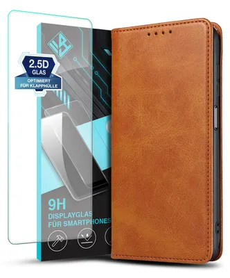 Produktbild von Handyhülle für Samsung Galaxy A05s mit 9H Displayglas Kunstleder Flip Cover Hülle Klapphülle Case Kartenfach Farbe: Hellbraun
