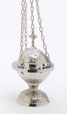 Produktbild von Weihrauchfass mit Kette zum Hängen aus Messing vernickelt Silber Höhe 18 cm mit Innenschale aus Stahl für die Räucherkohle