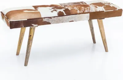 Produktbild von Sitzbank Ziegenfell / Massivholz Bank 120 x 40 x 52 cm, Polsterbank Flur Esszimmer Braun, Kleine Bettbank Fell, Dielenmöbel Flurbank