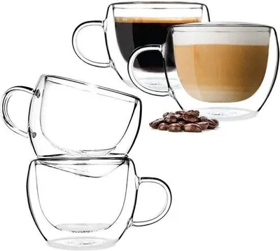 Produktbild von Unyqoos® Handgeblasene, doppelwandige Glaskaffeetassen mit Henkel – 4er-Set (240 ml) aus hitzebeständigem, kondensationshemmendem Borosilikatglas, ideal für Latte und Cappuccino