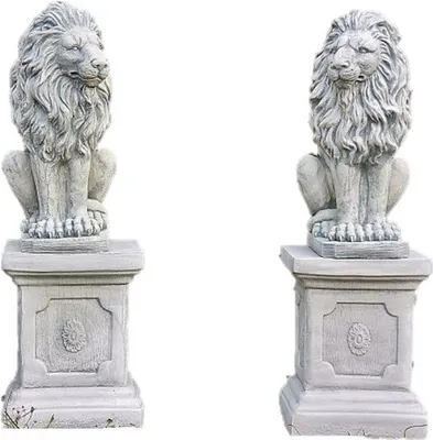 Produktbild von Schöne Löwen auf Sockel als Set aus Steinguss perfekt für den Garten die Einfahrt oder den Vorgarten ist Frostfest Witterungsbeständig und Neu 91cm H, 1551u1552uPO-74x2