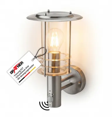 Produktbild von Grafner Design Edelstahl Wandlampe mit Bewegungsmelder, 1x E27 Fassung, IP44, 360° rundum Lichtschein, für außen und innen, Wandleuchte Lampe Außen Hoflampe PIR