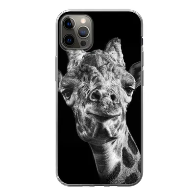 Produktbild von MuchoWow® Handyhülle Schutzhülle Hülle für iPhone 12 Pro Max Giraffe vor schwarzem Hintergrund in schwarz und weiß Silikon Softcase Handy Hülle - Hartschale