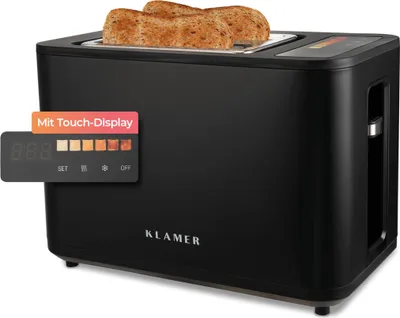 Produktbild von KLAMER Toaster, Toaster mit Brötchenaufsatz, hochwertiger 2 Scheiben-Toaster, 6 Bräunungsgrade, Touch Display, mit Krümelschublade, Matt Schwarz