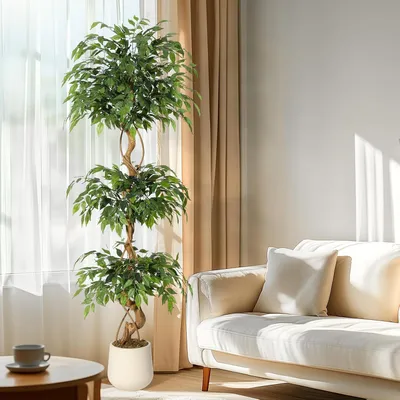 Image de Ficus artificiel, tronc courbé Ficus artificiel avec pot blanc Arbres artificiels pour l'intérieur, salon, chambre à coucher 180 cm