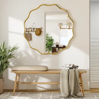 Image de Miroir rond mural de 90 cm avec bordure ondulée, cadre en aluminium doré, à suspendre ou à poser