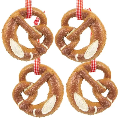 Produktbild von 4 künstliche Brezen mit rot-weißem Band - Bayern  7,5 x 7 cm