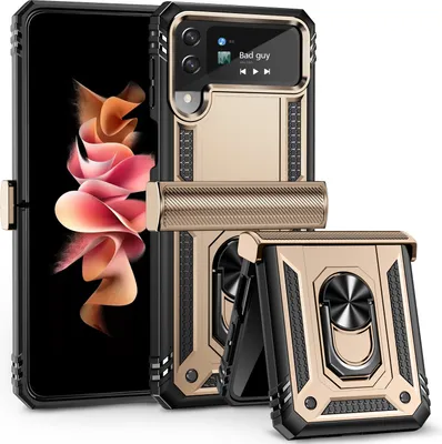 Produktbild von Galaxy Z Flip3 Hülle, Dual Layer Robust Militäre Scharnierschutz Schutzhülle mit Ringhalterung Ständer für Samsung Galaxy Z Flip 3 5G Gold
