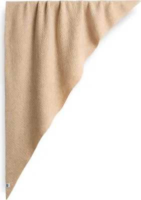 A beige knitted triangular scarf is laid out on a white background.