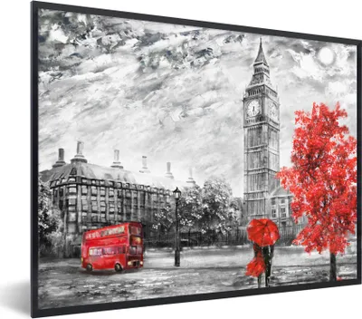 Produktbild von MuchoWow® Gerahmtes Poster Gemälde - Big Ben - Rot - Regenschirm 80x60 cm - Poster mit Schwarzem Bilderrahmen Wandposter Rahmen Foto Bilder - Schwarzem - Mit Gestell