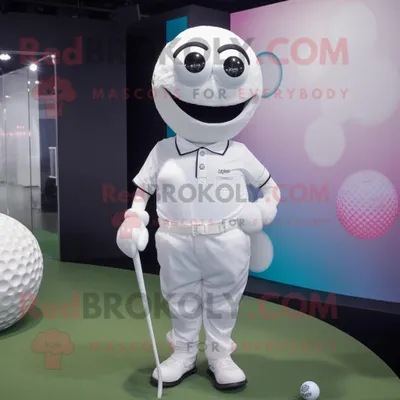 Productafbeelding van Witte golfbal mascotte REDBROKOLY kostuum karakter gekleed met een grafisch T-shirt en bretels