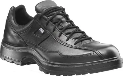 A black leather shoe on a white background.