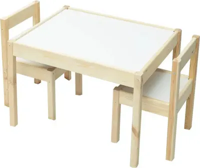 A wooden table and two chairs for children, set against a white background.