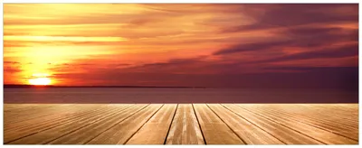 Produktbild von Wallario Premium Glasbild, freischwebende Optik, kräftige Farben, Größe 80 x 32 cm Motiv Steg am See - Sonnenuntergang und roter Himmel