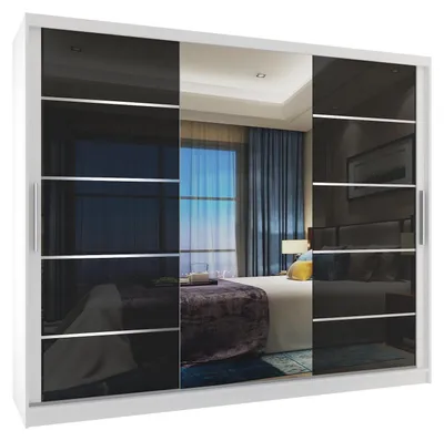 Image de BELINI Verona MGB, armoire coulissante de 232 cm, blanc/noir, finition brillante - Armoire avec miroir et 4 tiroirs, idéale pour la chambre