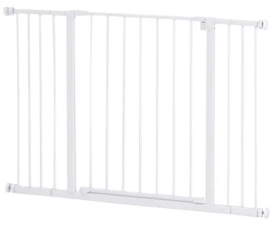 Obrázok produktu pre Bezpečnostná zábrana pre dvere a schody – Nastaviteľná detská zábrana – Šírka 76–107 cm – Výška 76 cm – Montáž pomocou svoriek, bez vŕtania – Kov/plast – Biela