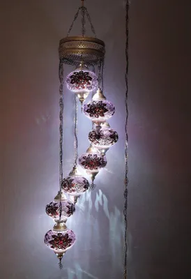 Image de Lampe suspendue turque - Lampe en mosaïque faite main - Plafonnier marocain - 7 boules - Lustre violet