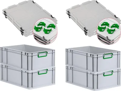 Zdjęcie produktu dla Zestaw SuperSparSet 4x Eurobox NextGen Color z pokrywą i zatrzaskowymi zamknięciami | wys. x szer. x gł. 22 x 40 x 60 cm | 44 litry | kolor szary | uchwyty zielone, zamknięte | wzmocnione dno | pojemnik euro, skrzynia transportowa, pojemnik transportowy, pojemnik do układania w stosy