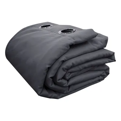 A folded dark gray curtain with grommets is shown against a white background.