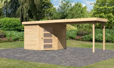 Produktbild von Woodfeeling Gartenhaus Schwandorf 5 im Set mit Anbaudach 2,80 m Breite naturbelassen ; 77750
