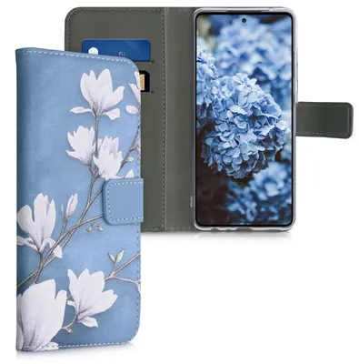 Produktbild von kwmobile Wallet Case kompatibel mit Samsung Galaxy A52 / A52 5G / A52s 5G Hülle - Cover mit Ständer und Kartenfächern - Magnolien Taupe Weiß Blaugrau