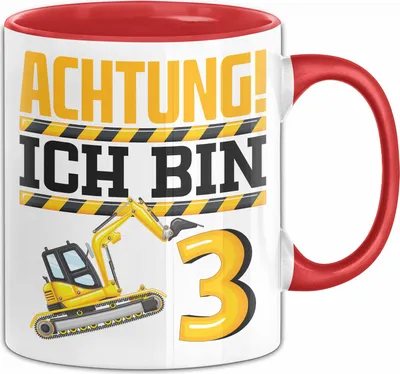 Produktbild von 3. Geburtstag Geschenk Tasse Becher Jungs Baustelle Geburtstagsgeschenk Achtung Ich Bin 3 (Rot)