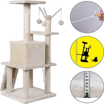 A beige cat tree with multiple levels, scratching posts, and hanging toys, shown against a white background. Inset images show a hand holding a measuring tape, a diagram of the cat tree's dimensions with a cat silhouette, and a close-up of a measuring tape