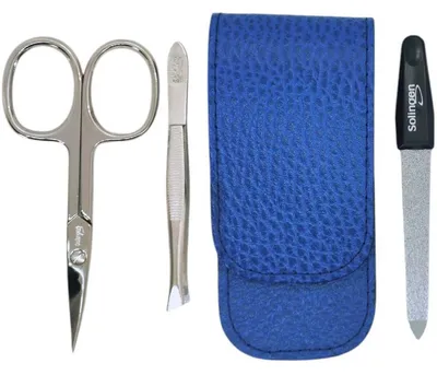 Produktbild von Solingen Maniküre Set 3-teilig – Nagelschere, Pinzette & Saphirfeile – Dollaro Echtleder Etui Germany Blau
