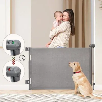 Productafbeelding van Famanu trapleuningbeveiliging, 180 cm, extra breed - Bediening met één hand - Veiligheidshek voor kinderen en huisdieren - grijs