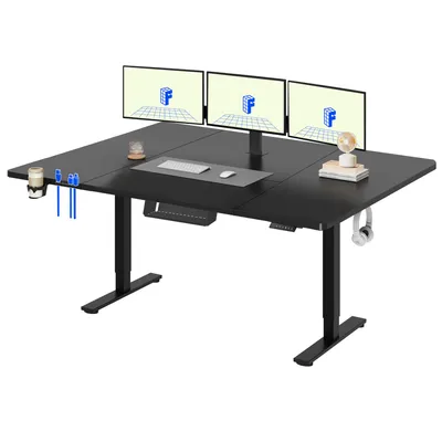 A black adjustable standing desk with three monitors, a keyboard, mouse, and accessories.