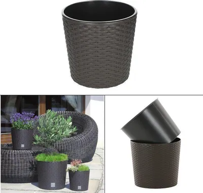 Produktbild von Blumentopf mit Einsatz Rattanoptik Blumenkübel Pflanztopf Übertopf Pflanzkübel 16L braun