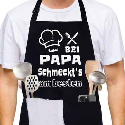 Productafbeelding van Kookschort voor heren en dames, zwart, katoen, met zakken, verstelbaar. Geschikt als grillschort. Leuk cadeau