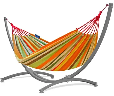 Produktbild von Potenza Outdoor Hängematte mit Gestell für 2 Personen I Baumwolle Doppelhängematte XXL 220x160, 200kg I Grau Hängemattengestell 220kg, wetterfest