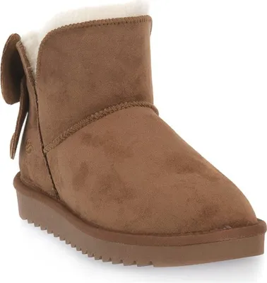 A single brown boot with a white fluffy lining and a bow on the back, shown from the side against a white background.