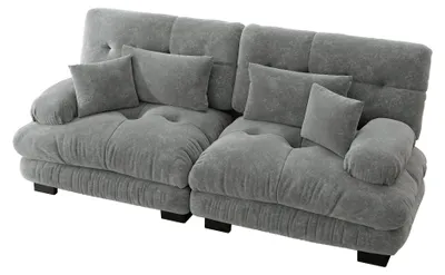 Imagen del producto de Sofá modular de 3 plazas en tela de chenilla gris, con cojines, de 220 cm