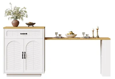 Image de Îlot de cuisine avec table extensible, 2 tiroirs, 4 portes, blanc et imitation bois